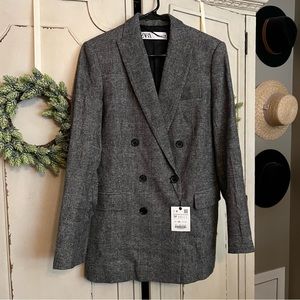 ZARA NWT Grey Houndstooth Double Breasted Blazer SZ M